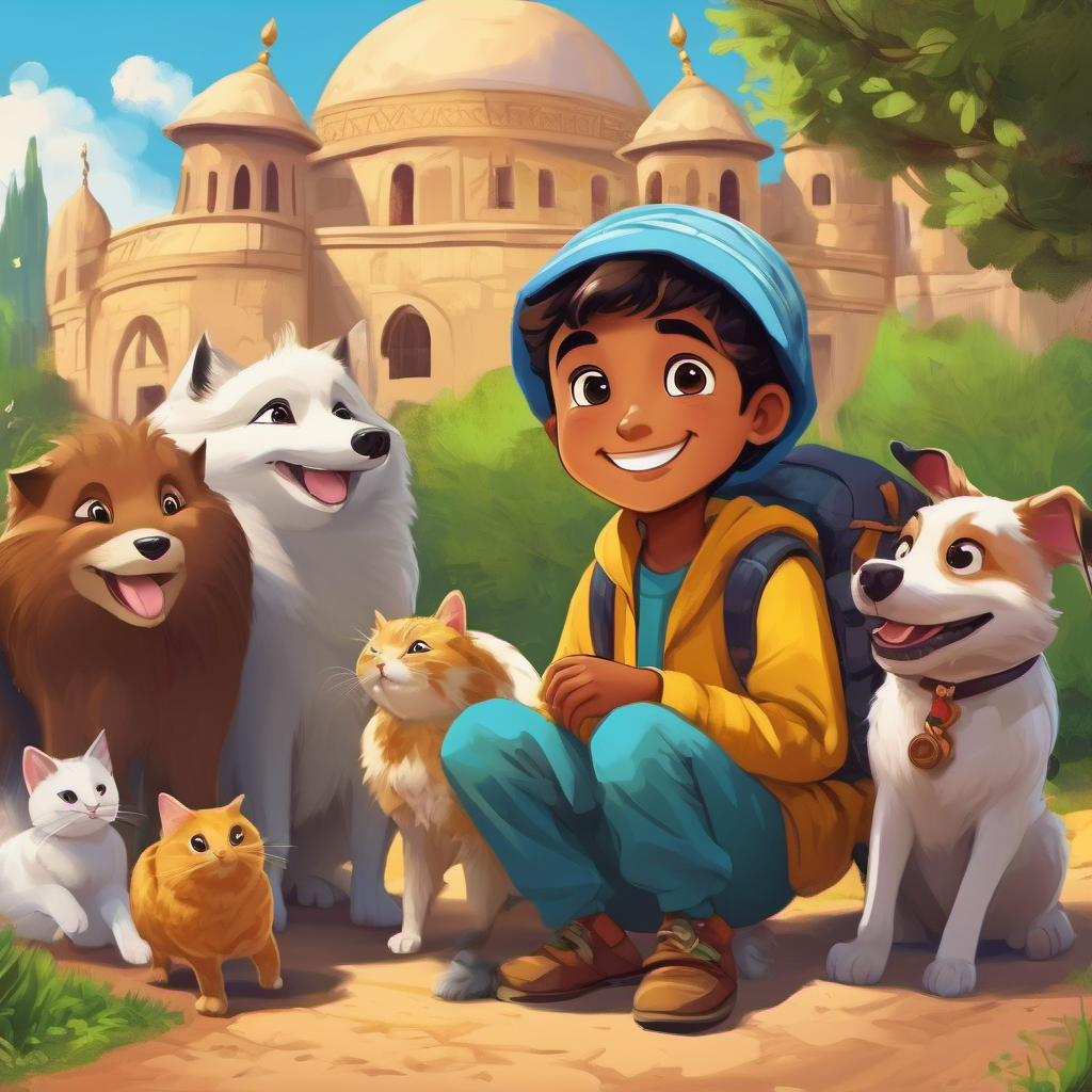 A curious Muslim boy with a smiley face with his pets, ready for new adventures