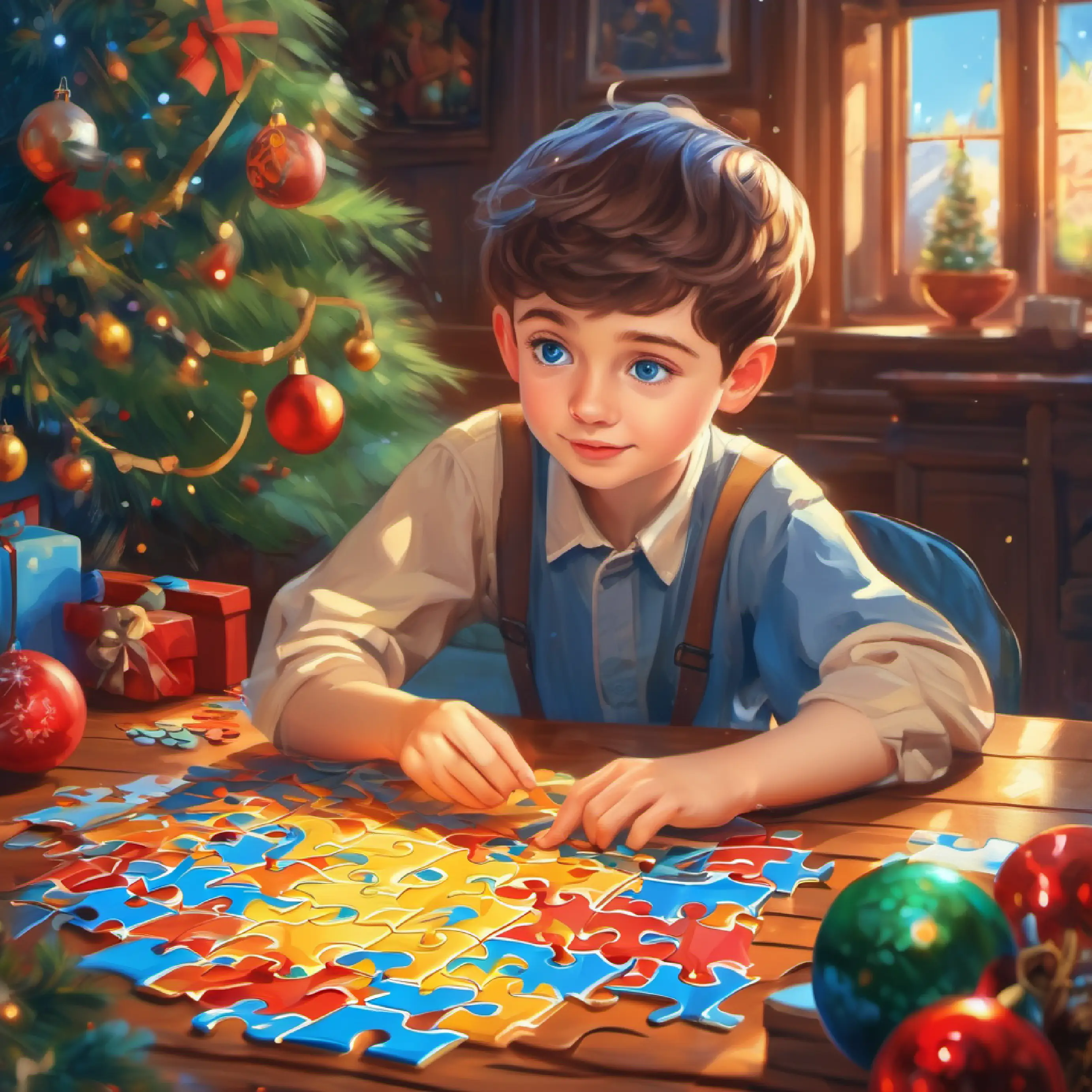 Young boy, short hair, pale skin, blue eyes receives a puzzle, setting activity