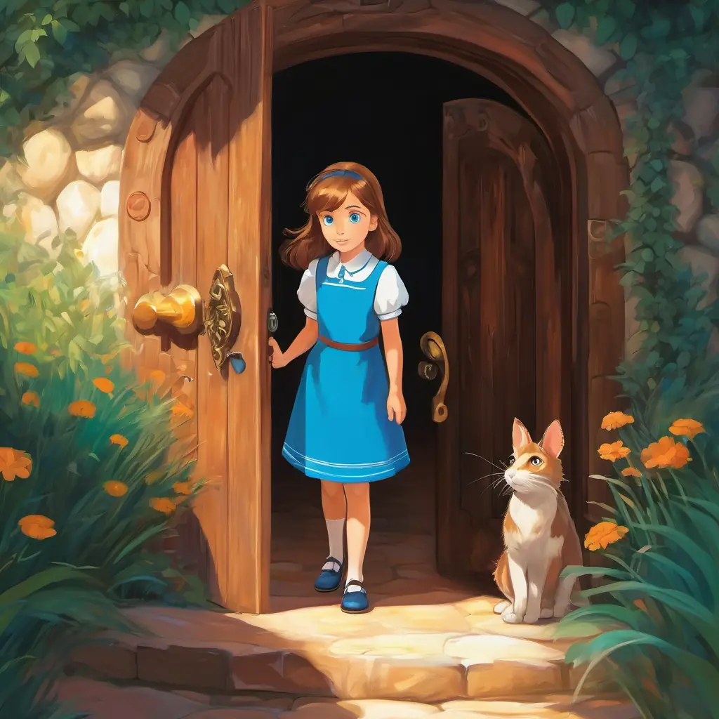 Alice is a brave girl with shiny brown hair and big blue eyes and Eddie closing the secret door behind them