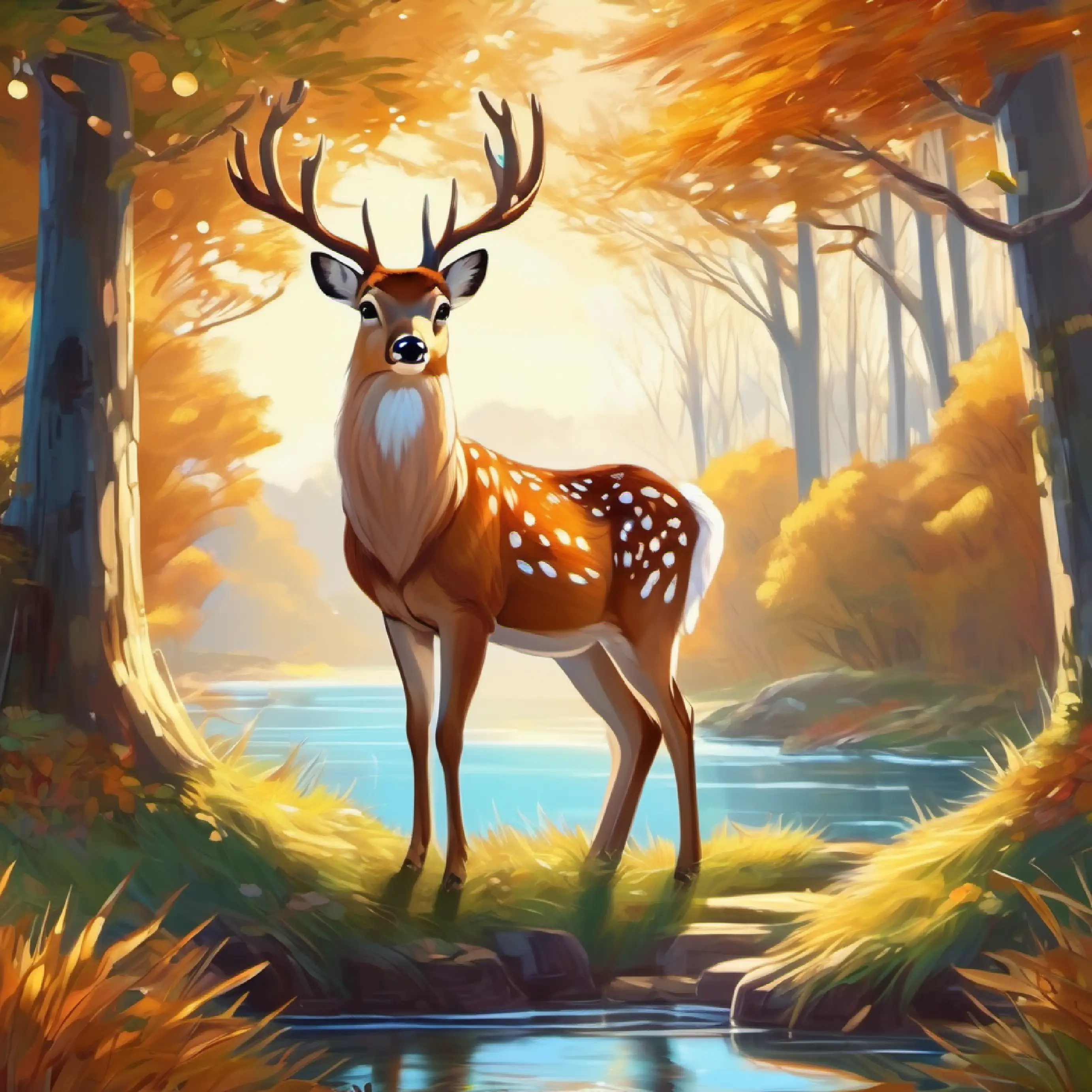 Kind deer, tawny fur, loving brown eyes, benevolent gaze in a sunny glade near water, beginning of the story.