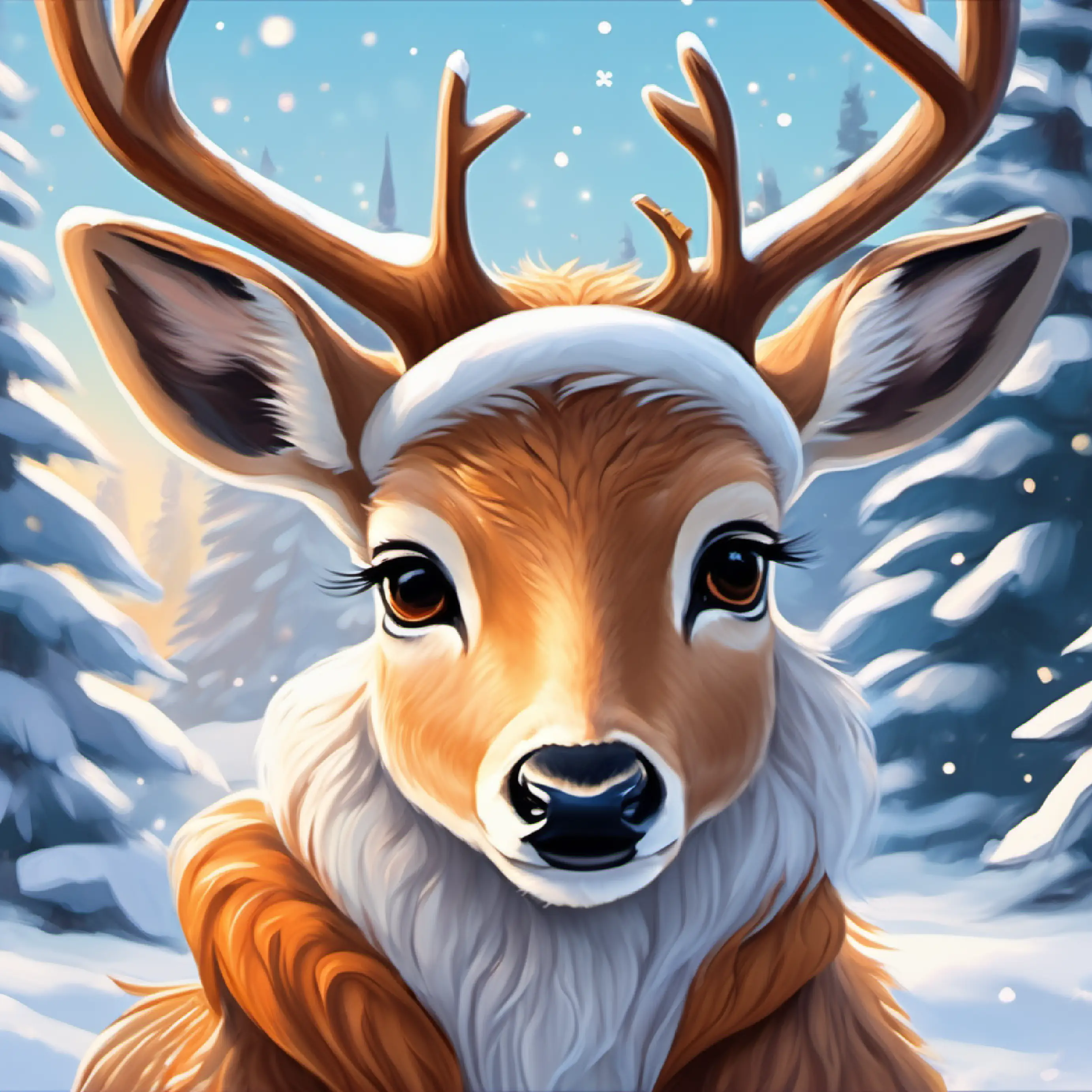 Kind deer, tawny fur, loving brown eyes, benevolent gaze helping various forest animals, showcasing kindness.