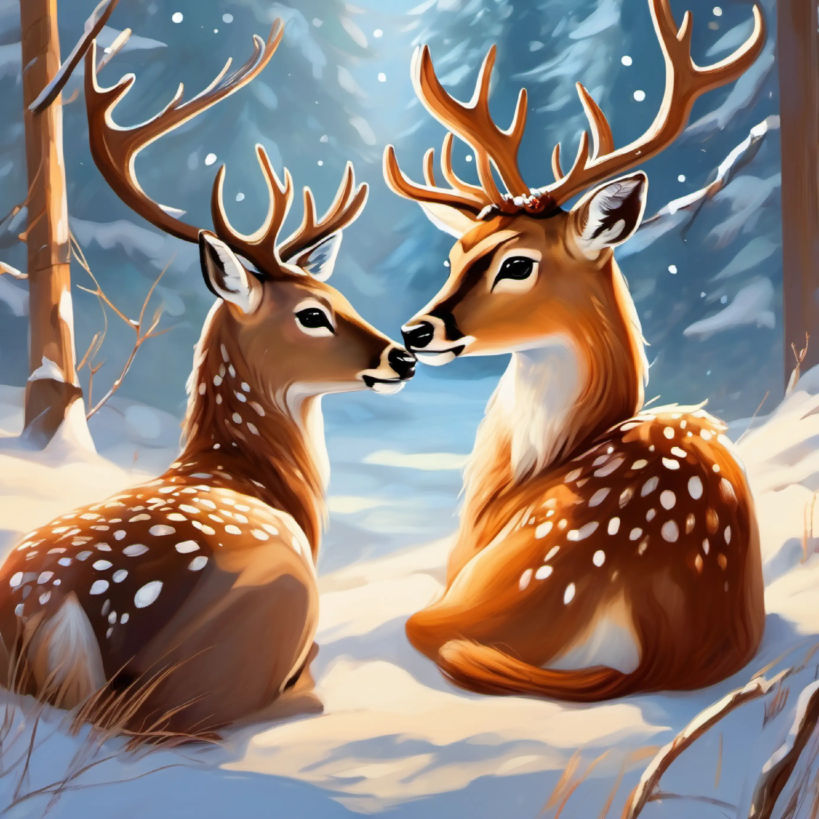 Kind deer, tawny fur, loving brown eyes, benevolent gaze reflecting on love and kindness, feeling of joy and gratitude.