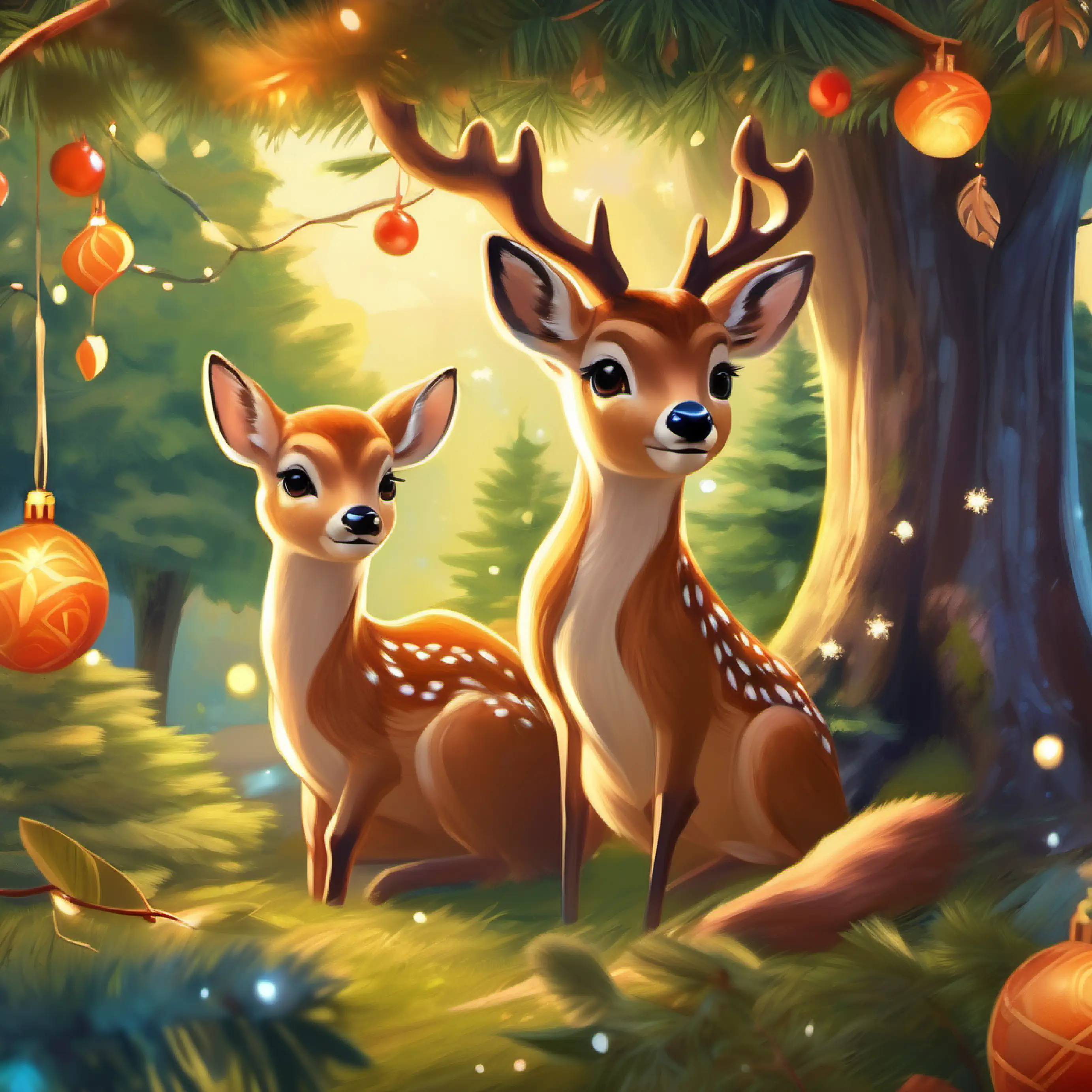 Kind deer, tawny fur, loving brown eyes, benevolent gaze's home under a tree, sharing space with kiwi, cozy environment.