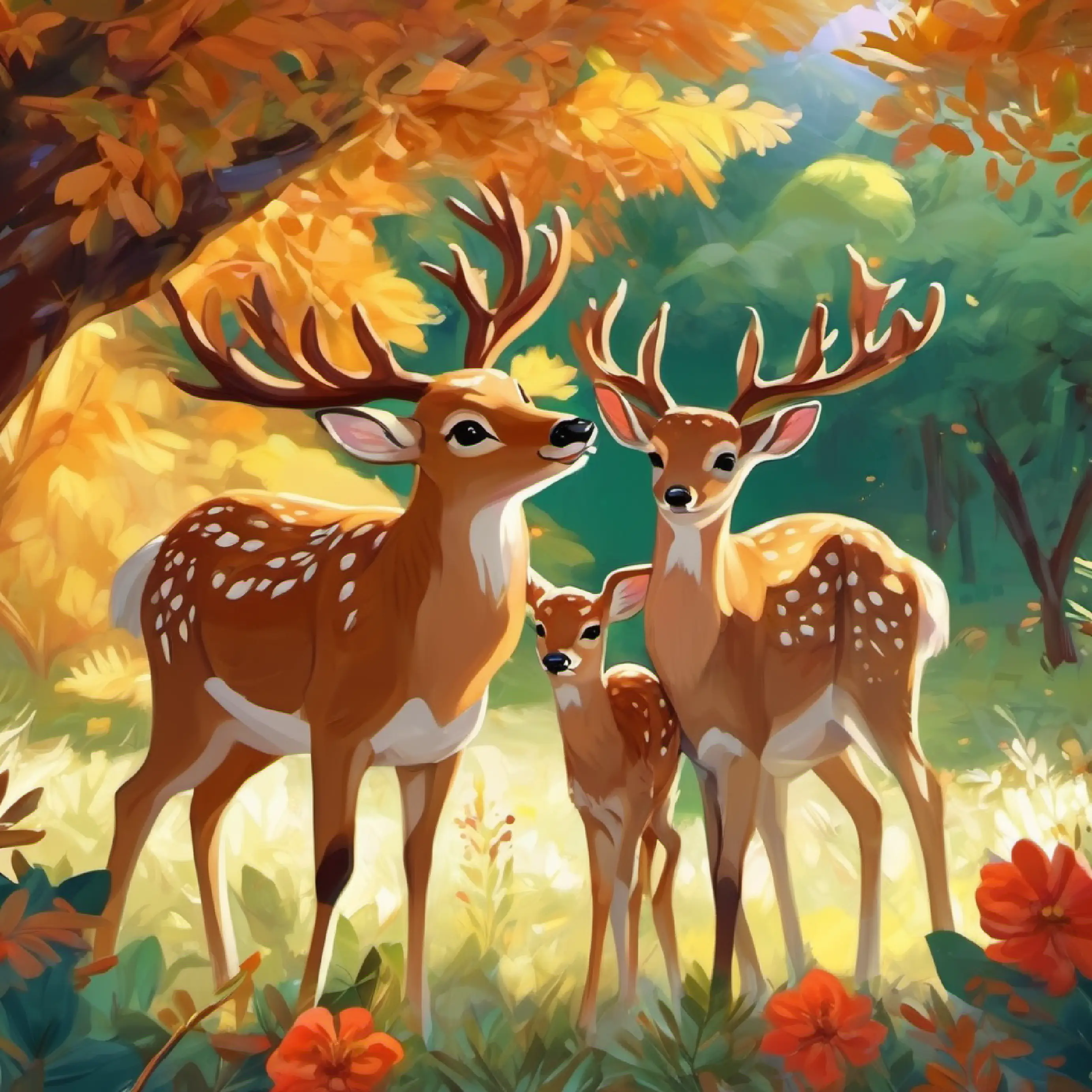 Friendship blooming between Kind deer, tawny fur, loving brown eyes, benevolent gaze and kiwi, happy atmosphere.