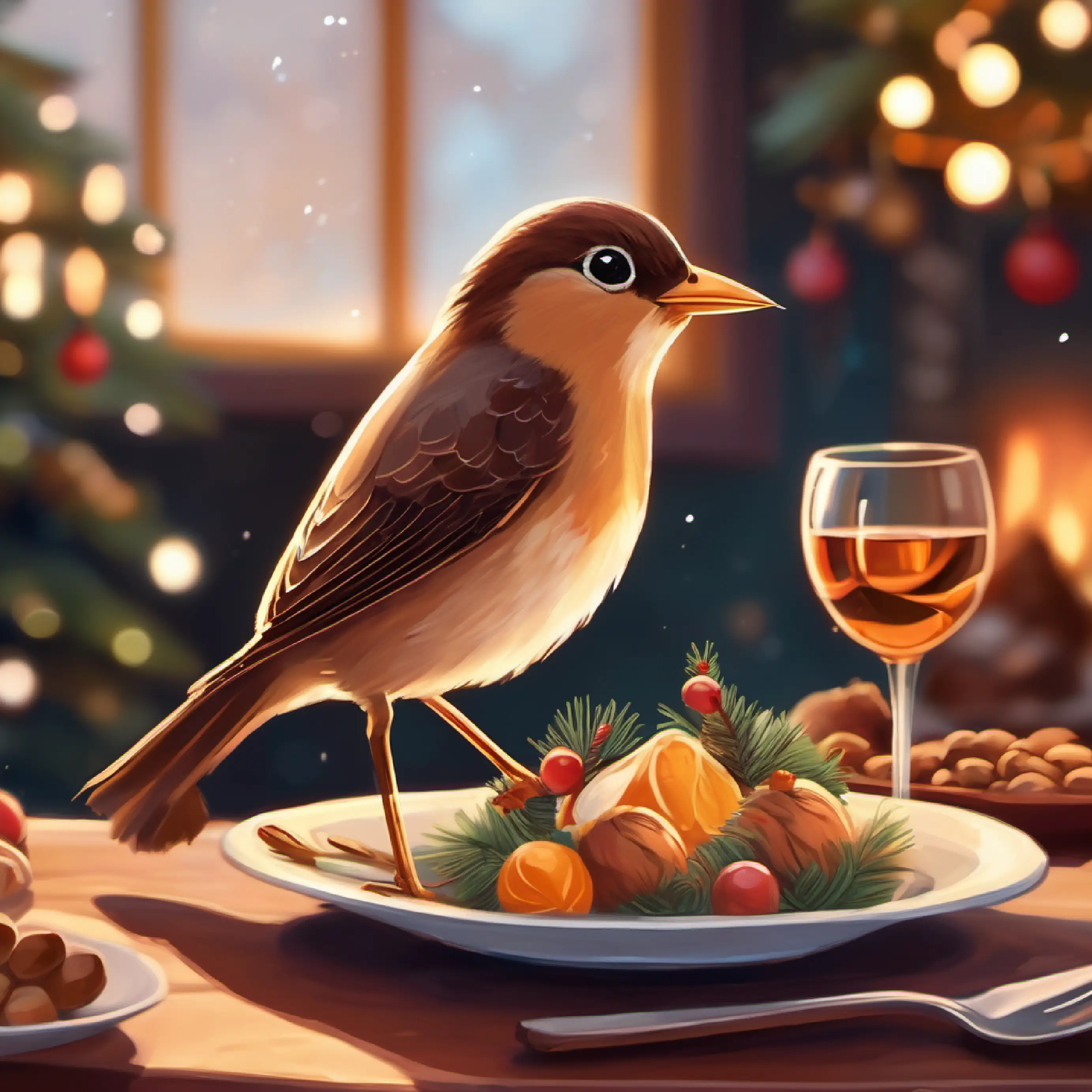 Small bird, brown feathers, long beak, warm-hearted friend reciprocating kindness, sharing a meal, gratefulness.