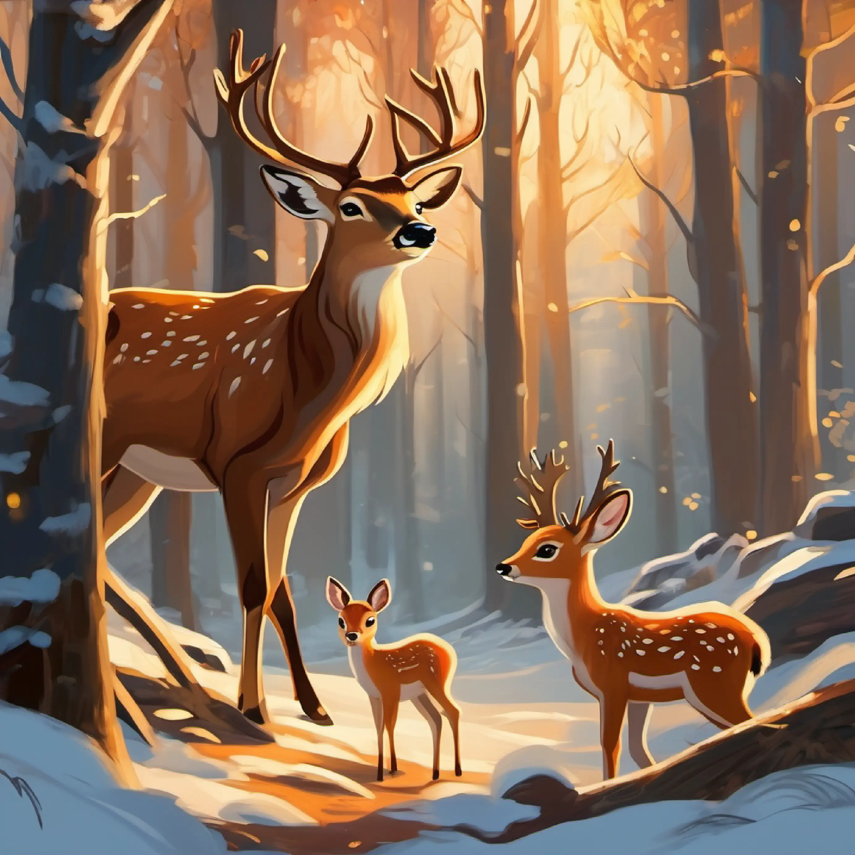 Animals talking about Kind deer, tawny fur, loving brown eyes, benevolent gaze, admiration, peaceful forest scene.