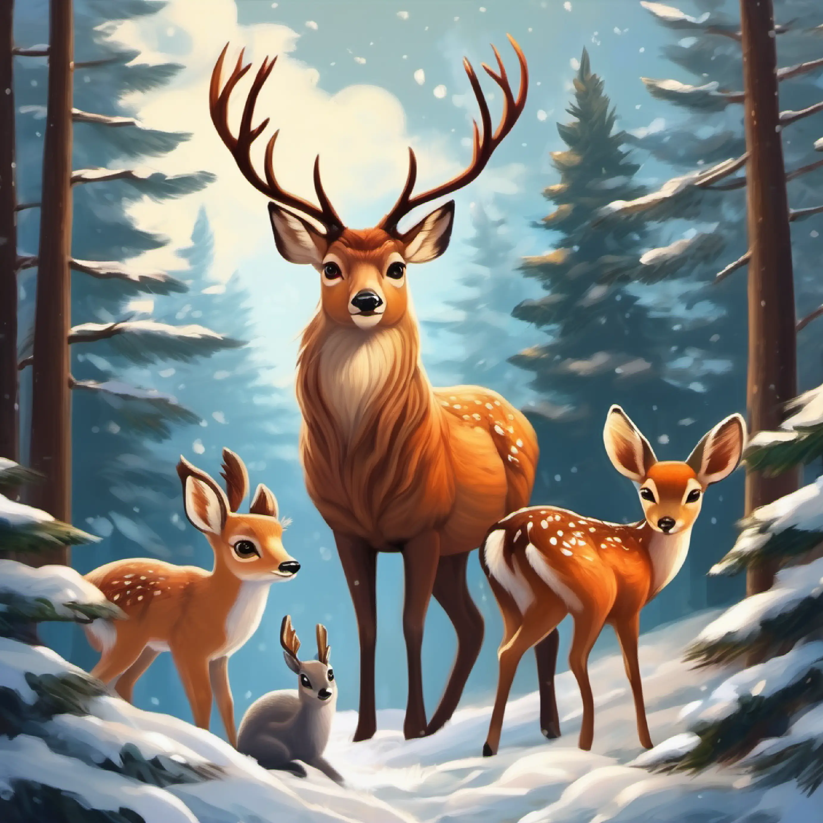 Forest animals uniting to help Kind deer, tawny fur, loving brown eyes, benevolent gaze, stormy backdrop, community effort.
