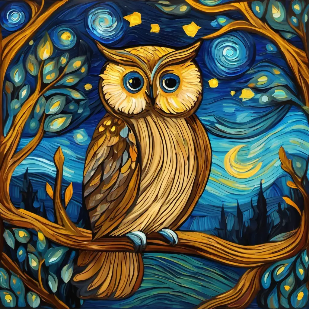 Imagine a wise old owl named Wise old owl with big round eyes and soft feathers with big round eyes and soft feathers. He lives in a cozy tree hollow.