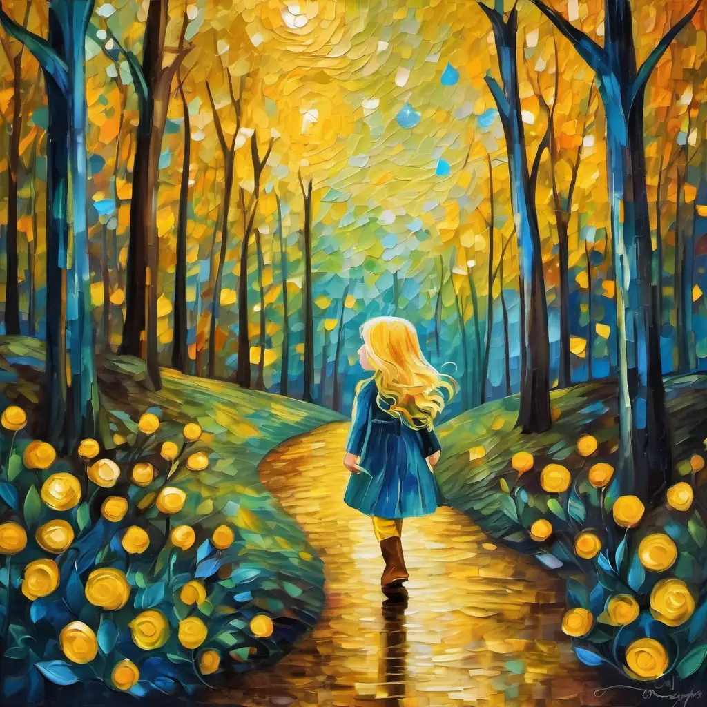 Imagine a curious little girl named Curious little girl with golden hair, rosy cheeks, and a heart full of adventure with golden hair, rosy cheeks, and a heart full of adventure. She is walking into the Enchanted Forest.