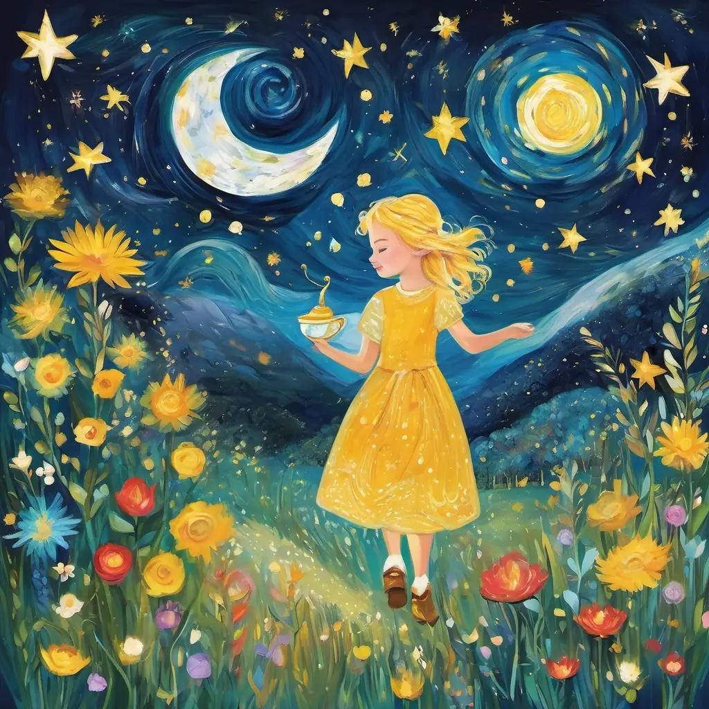 Imagine Curious little girl with golden hair, rosy cheeks, and a heart full of adventure and Mischievous fairy with shimmering wings, a mischievous smile, and a sprinkle of magic dust going on adventures together, finding hidden treasure, helping animals, and having a tea party with unicorns.
