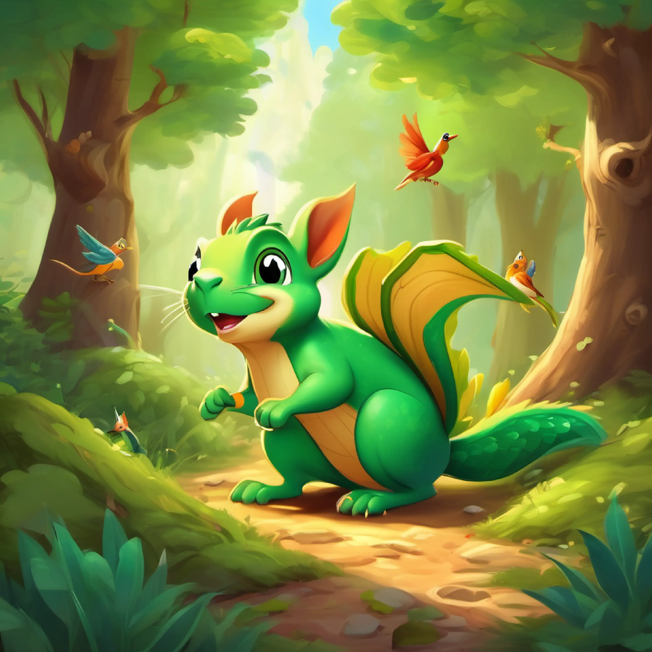A little green dragon with curious eyes and a friendly smile meets singing birds and a playful squirrel throwing nuts in the forest.