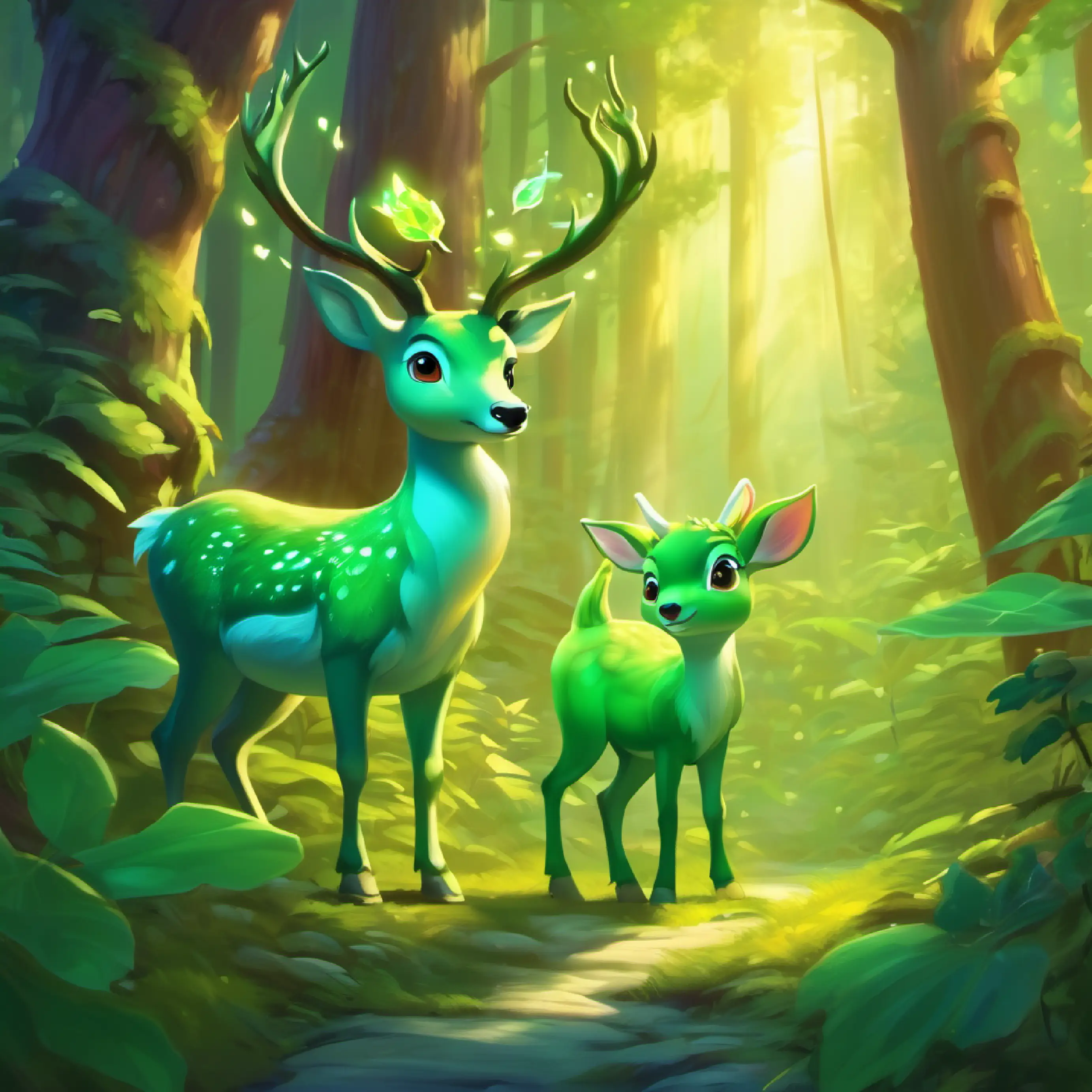 The magical deer asks A little green dragon with curious eyes and a friendly smile to find the forest's magic wand.