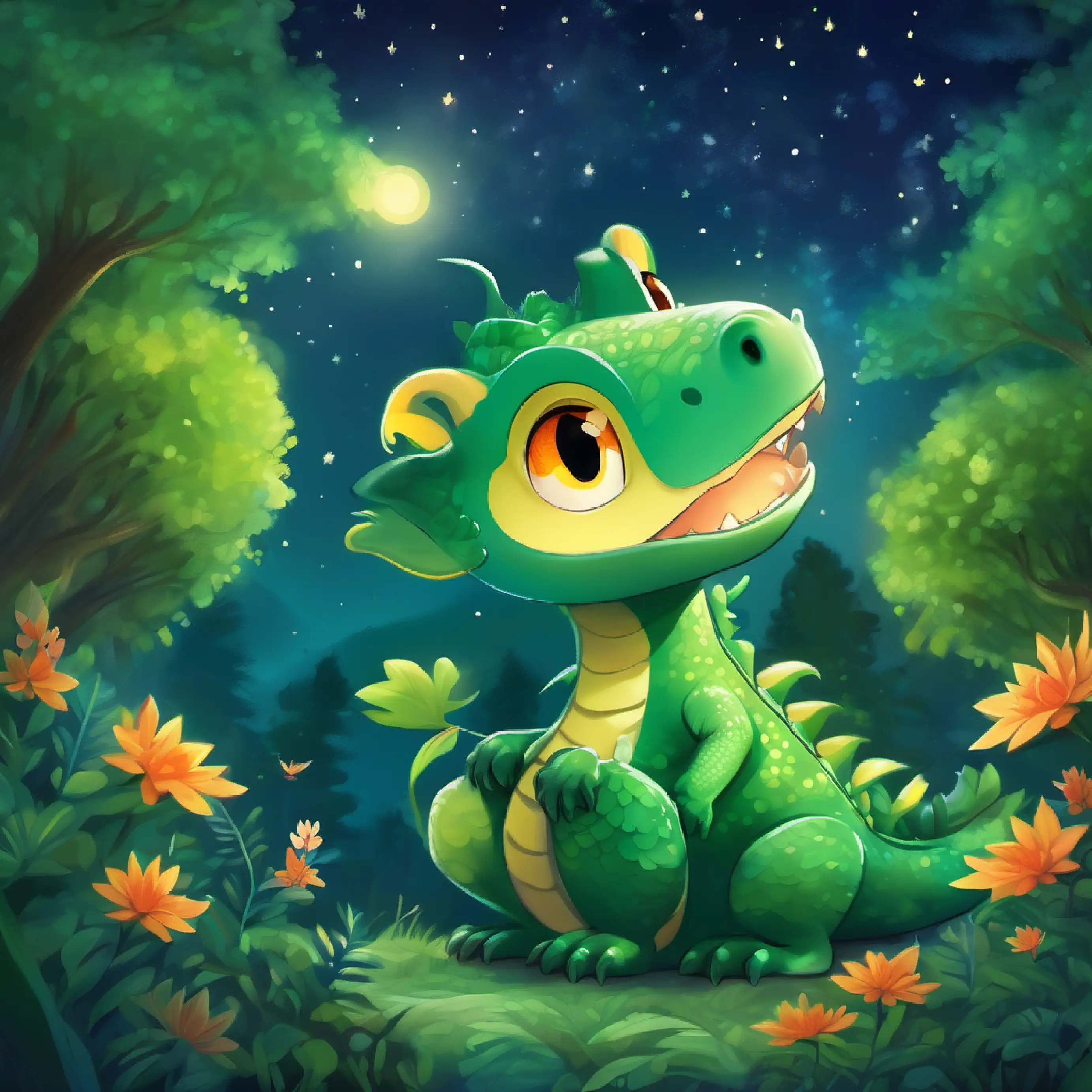 The forest creatures thank A little green dragon with curious eyes and a friendly smile, who returns home under the starry sky feeling warm inside.