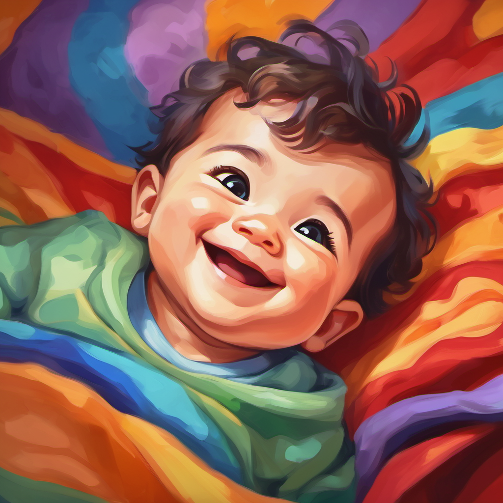 Baby boy lying on a colorful blanket, smiling