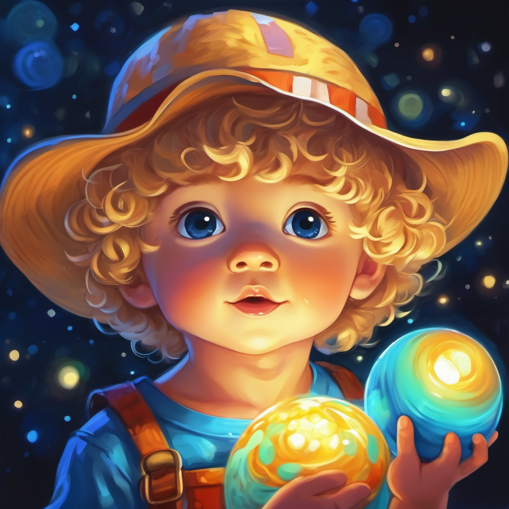 Baby boy with curly blonde hair, wearing a colorful hat holding a blue object that glows