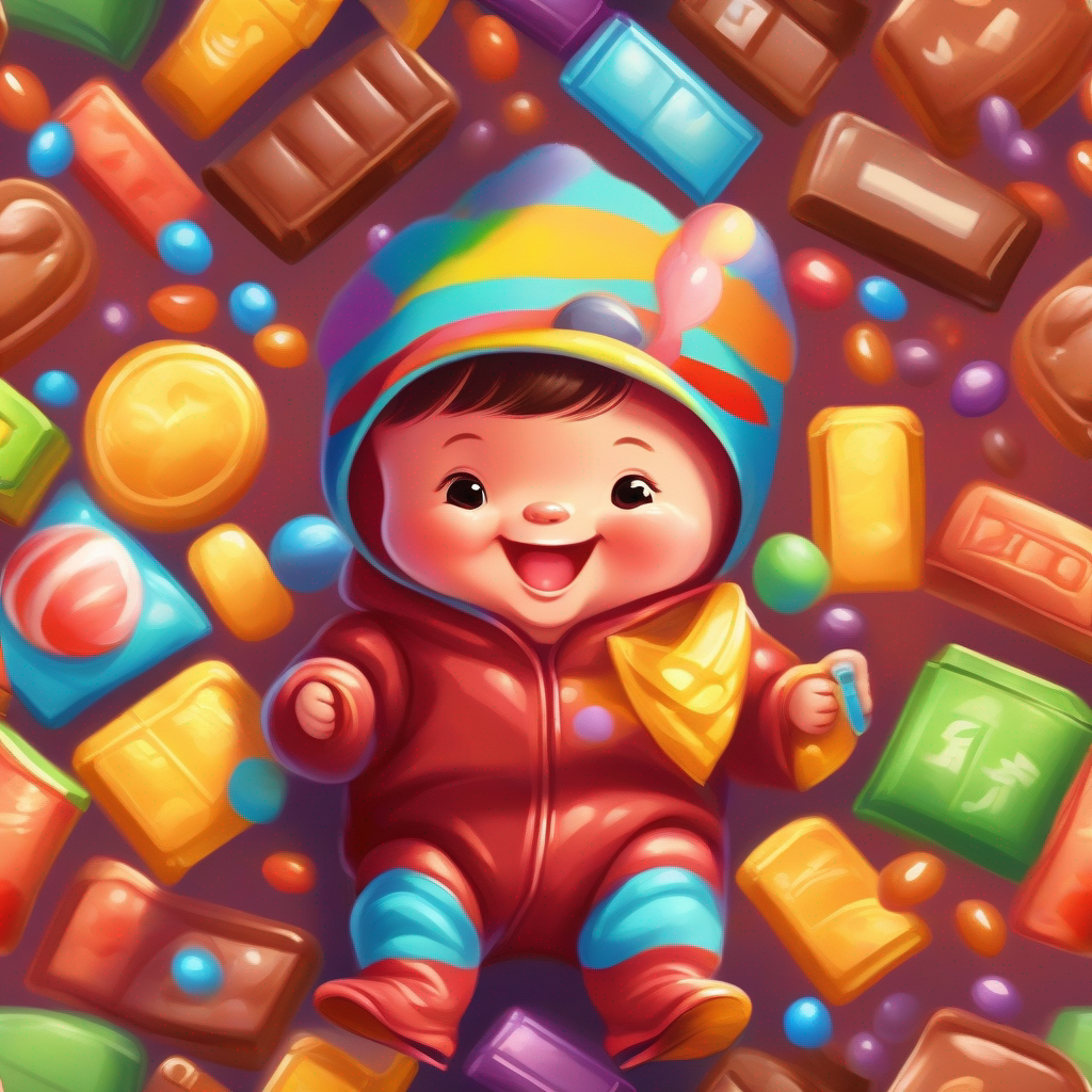 A happy baby wearing a colorful onesie holding a chocolate bar