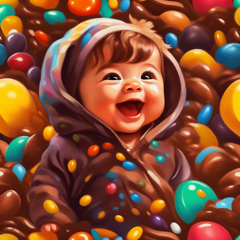 A happy baby wearing a colorful onesie covered in chocolate