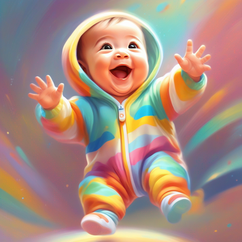 A happy A happy baby wearing a colorful onesie waving goodbye