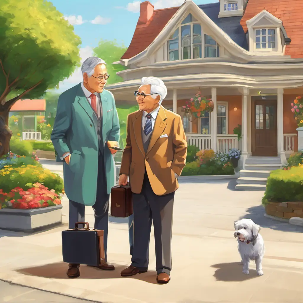 A hardworking real estate agent with a sharp suit and a briefcase is seen listening attentively to the An elderly lady looking to downsize, accompanied by A hardworking real estate agent with a sharp suit and a briefcase to find a retirement community and then visiting different retirement communities with her. The lady is shown smiling and expressing gratitude.