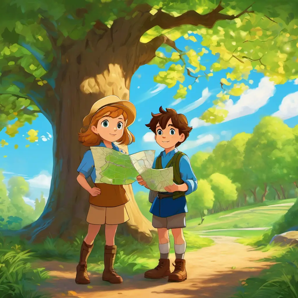 Ava is a brave girl with brown hair and sparkling blue eyes and Tim is a curious boy with blond hair and bright green eyes holding a map, pointing to a clue hidden under a big oak tree in the park