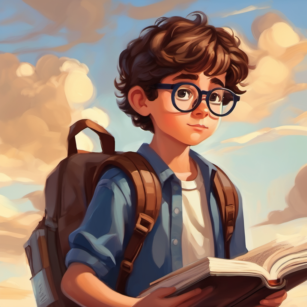Curious boy with a backpack, brown hair, and glasses looking at a book titled 'Law'