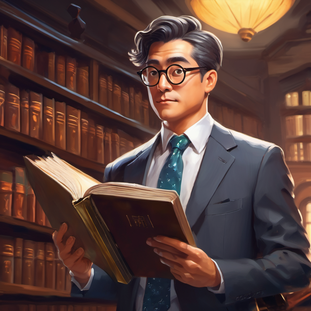 Smart man with a suit, glasses, and briefcase holding a book with a gavel