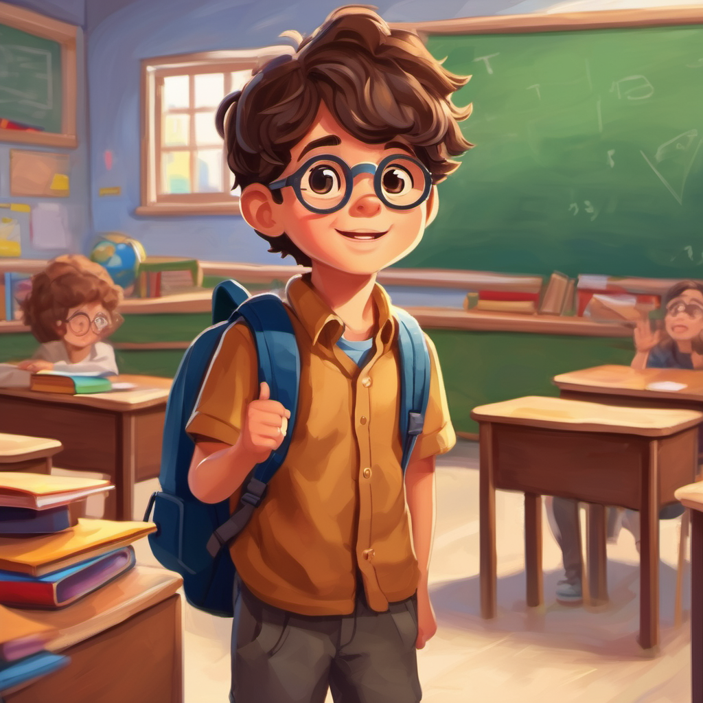 Curious boy with a backpack, brown hair, and glasses raising his hand in a classroom