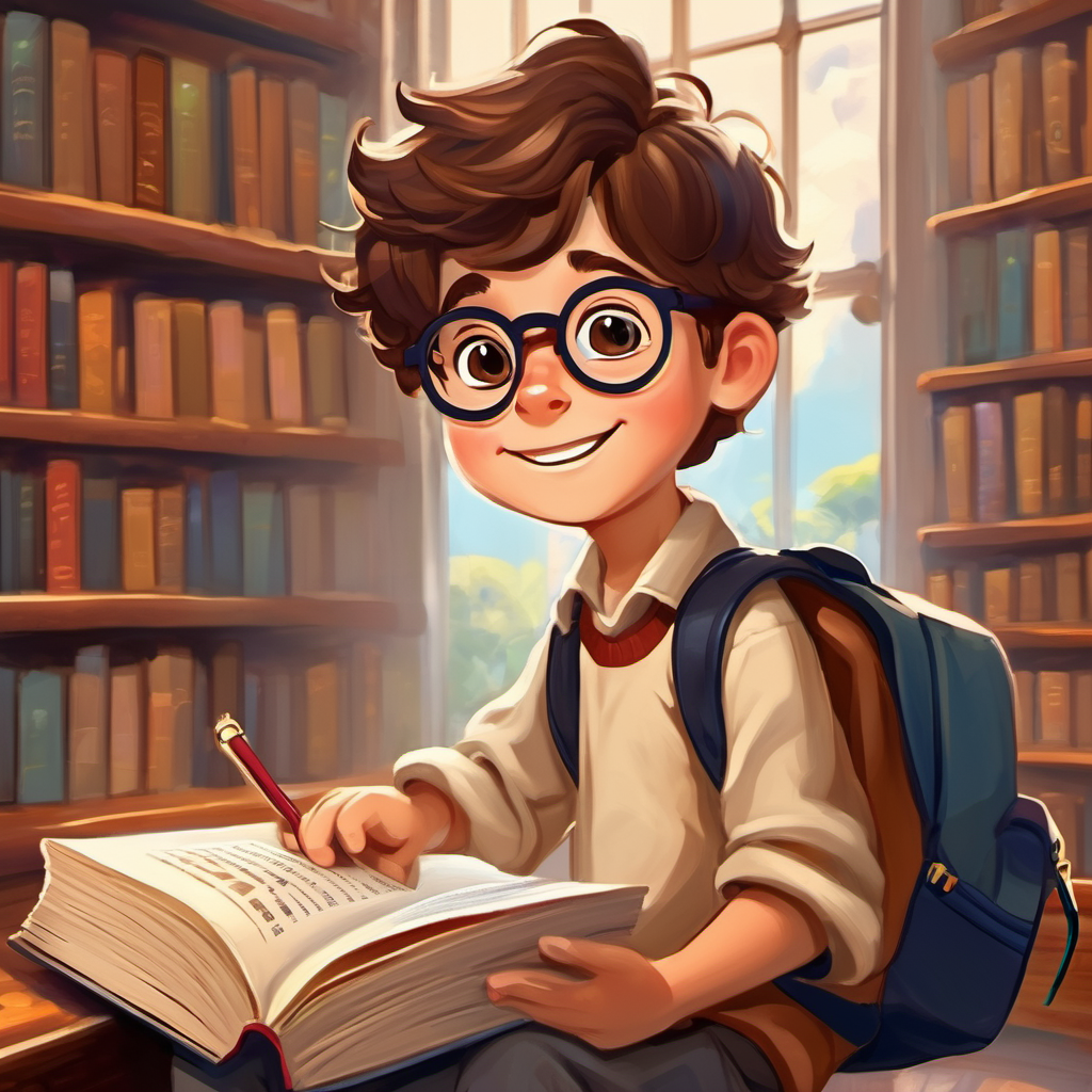 Curious boy with a backpack, brown hair, and glasses smiling with a book titled 'Law'