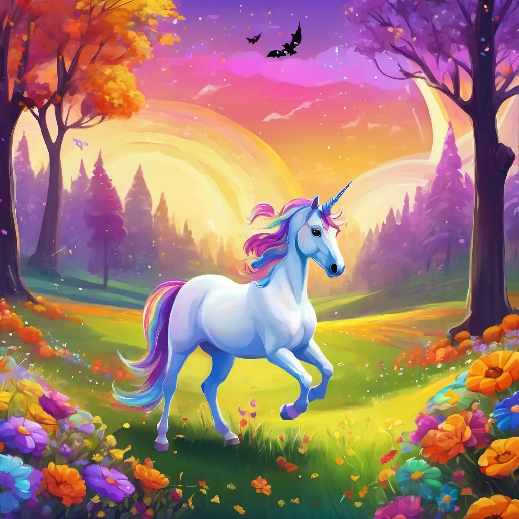 In a sunny meadow with tall trees and colorful flowers, you meet A rainbow with vibrant colors and a cheerful smile the rainbow and A kind-hearted unicorn with a shiny white coat and sparkling purple eyes the unicorn.
