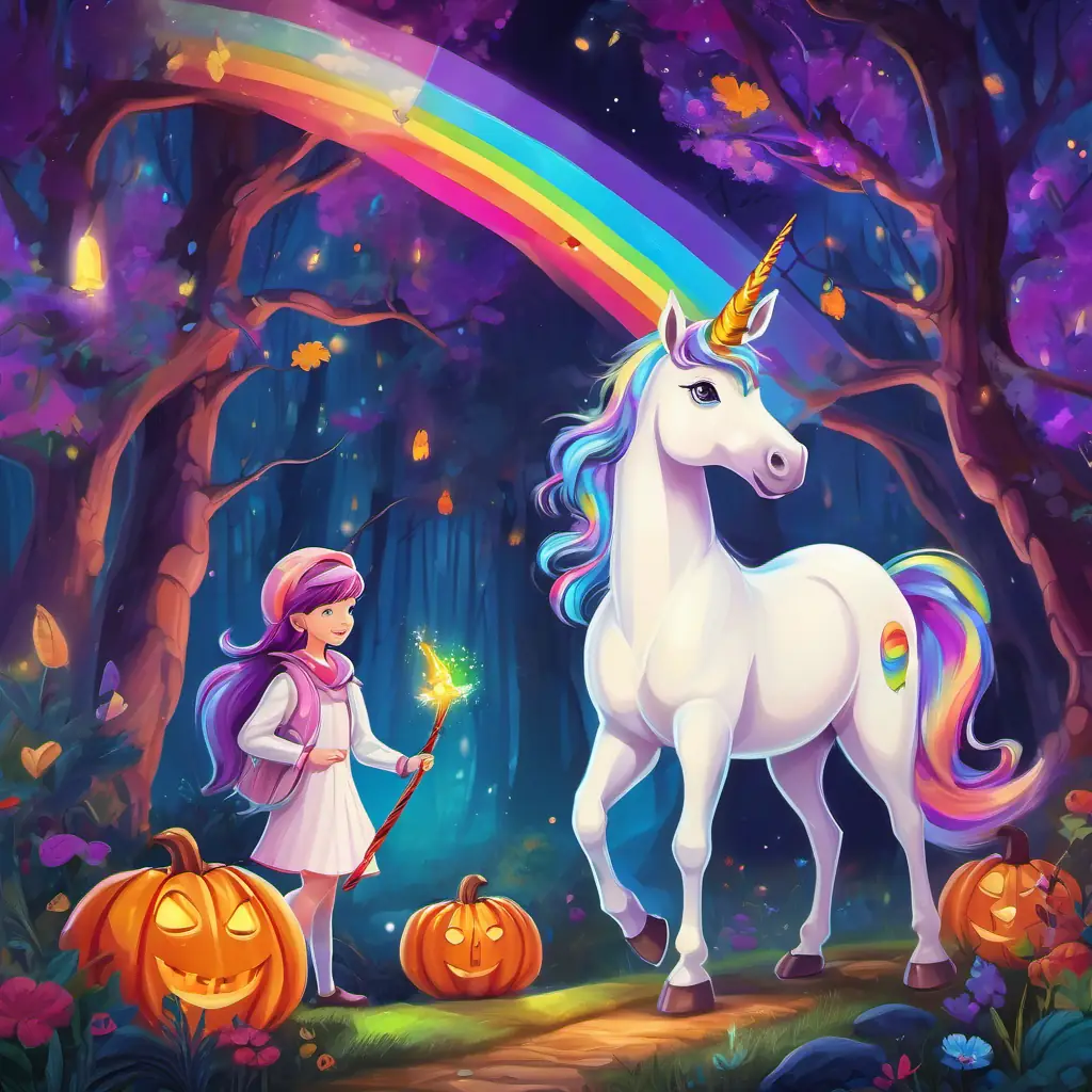 In the enchanted forest, A rainbow with vibrant colors and a cheerful smile and A kind-hearted unicorn with a shiny white coat and sparkling purple eyes meet mischievous fairies and talking animals. They help fix wands and find treasures.