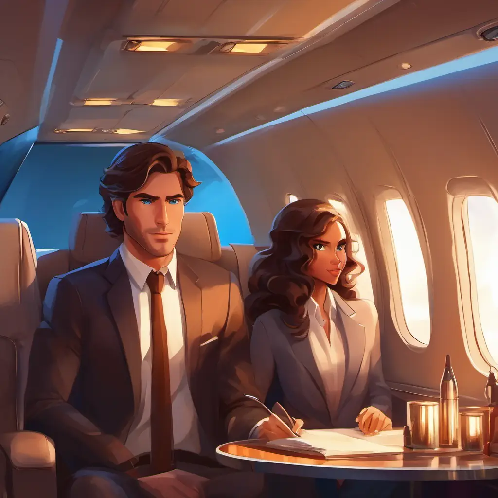 Inside private jet, Confident man with brown hair, blue eyes, Strong women with various skin tones, determined eyes, ancient weapons, lights off.