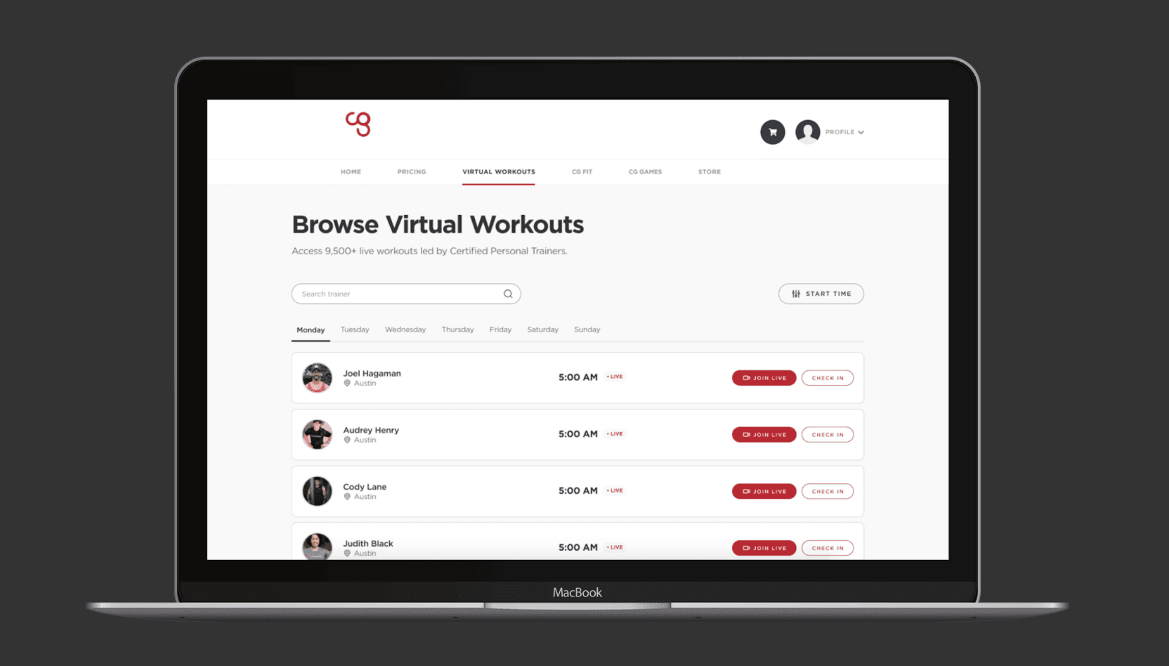 Virtual Workouts Page