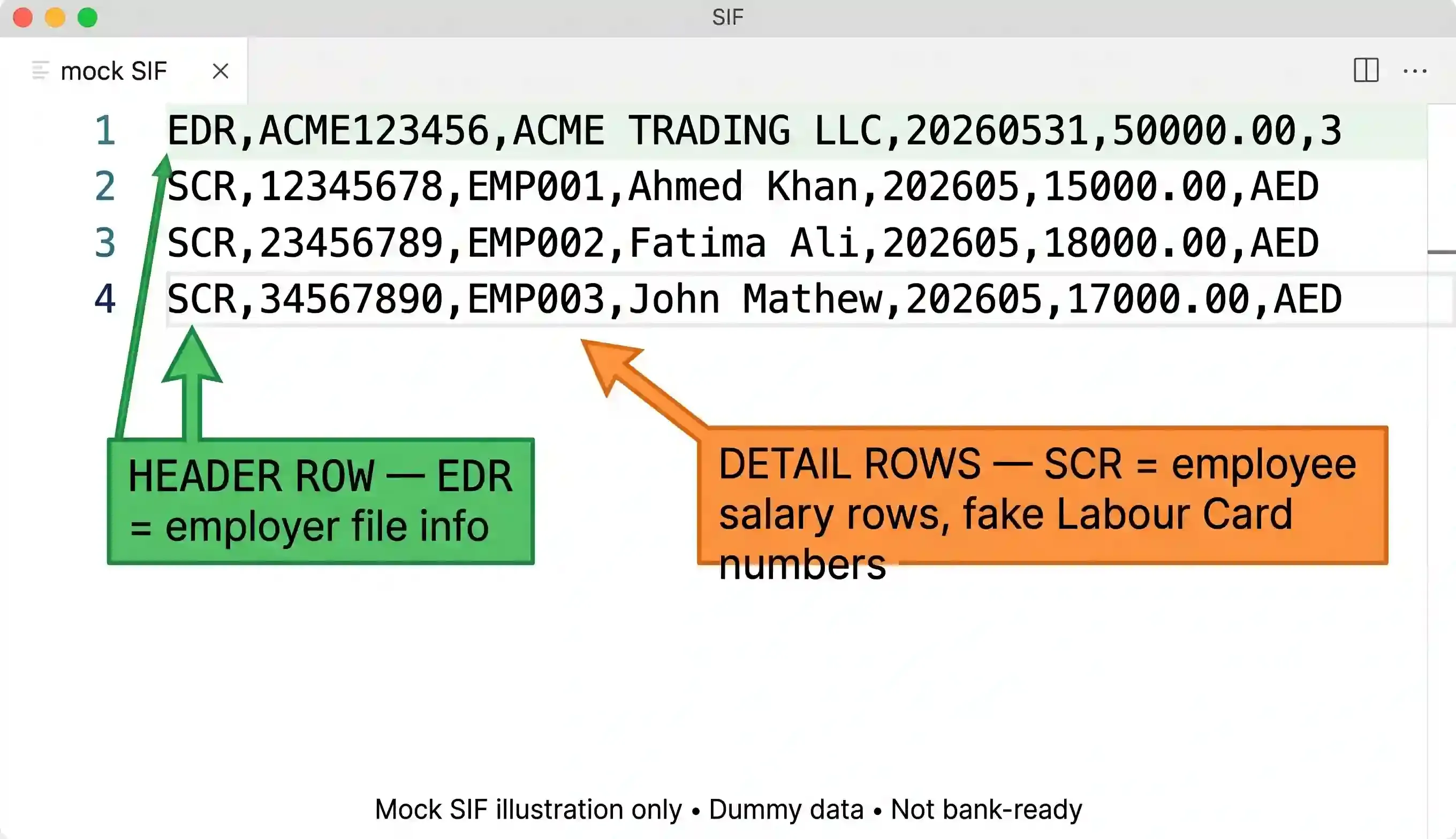 Sample Salary Information File (SIF) structure showing header and detail records used in UAE WPS submissions