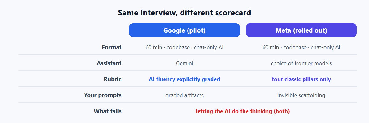 Google vs Meta AI-assisted coding rounds compared: same 60-minute three-panel format and chat-only assistant, but Google grades AI fluency explicitly while Meta grades the four classic pillars only