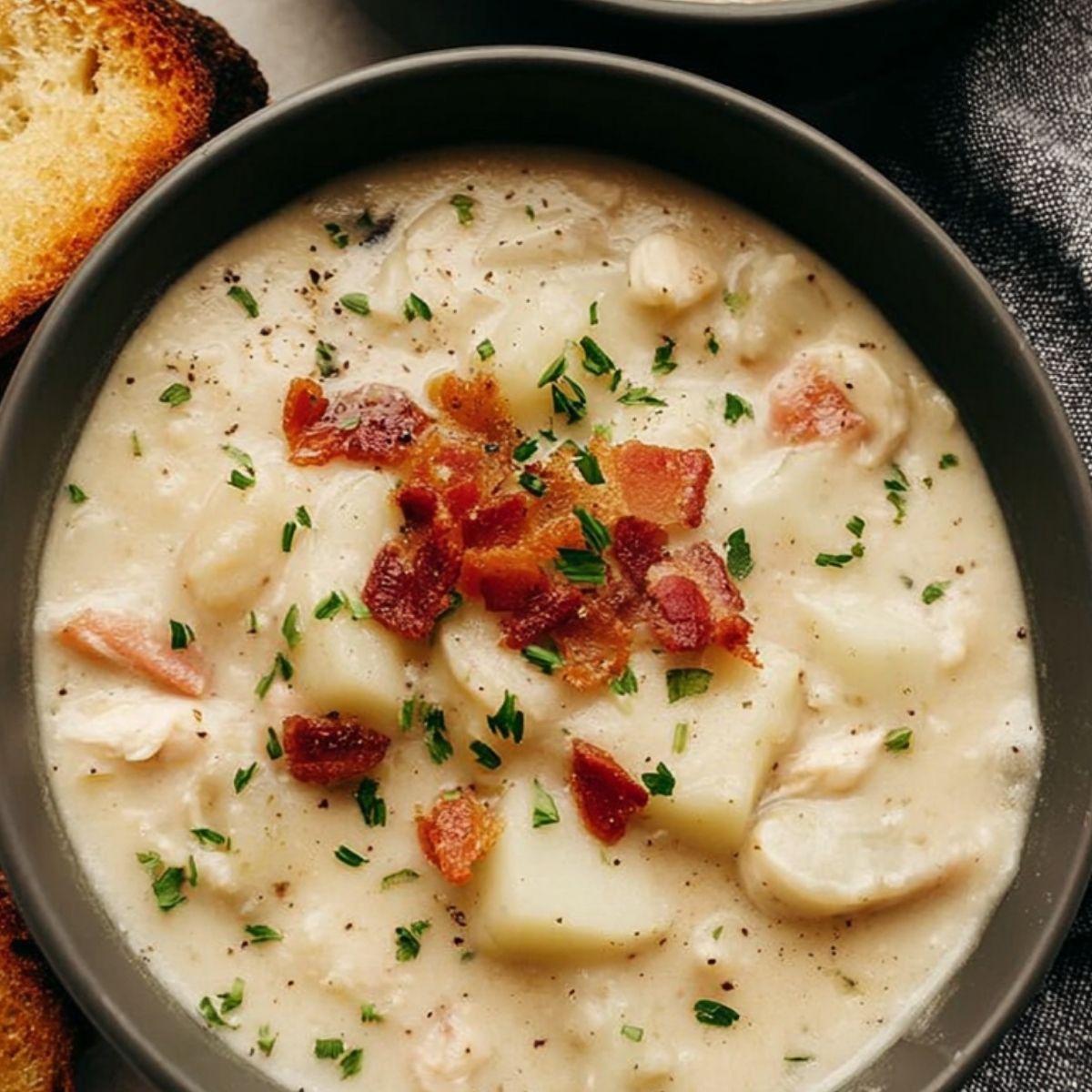 a bowl of chowder with bacon and bread