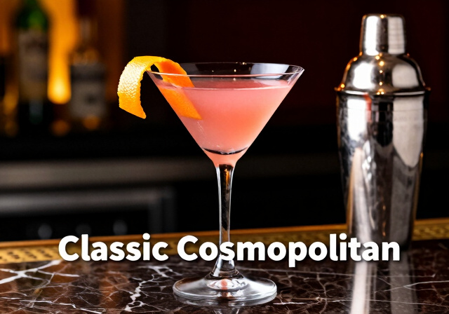Classic Cosmopolitan a glass with orange liquid and a slice of lemon