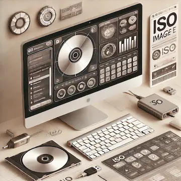 デスクトップコンピュータのセットアップを示しています。モニターにはISOイメージの作成ソフトウェアが表示されており、CDやUSBドライブなどの外部記憶装置が周囲に配置されています。