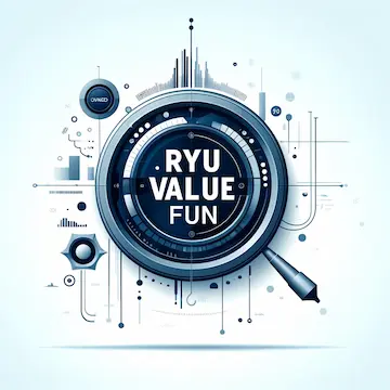 青と白を基調とした未来的なデザインのイラストで、中央に大きな円形のレンズのようなものがあり、その中に「RYU VALUE FUN」というテキストが書かれています。背景には、グラフや回路図のような抽象的な要素が配置されています。