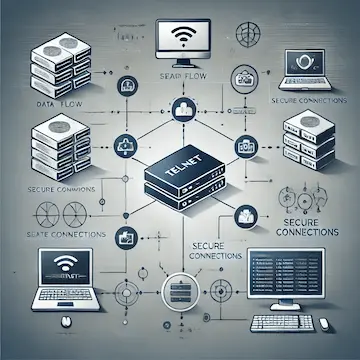 ネットワーク接続とデータフローを示す図です。中央に「TELNET」と書かれたデバイスがあり、そこから複数の接続が他のデバイスやサーバーに伸びています。画像には「DATA FLOW」「SECURE CONNECTIONS」「SEAM FLOW」などのテキストが含まれ、ネットワークの安全な接続やデータの流れを強調しています。