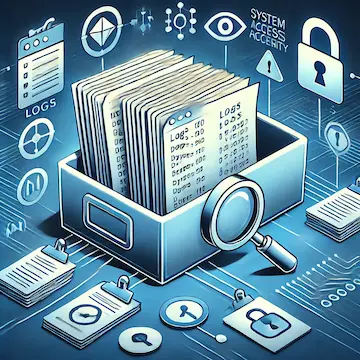 The image shows log dumps with security icons, representing log analysis for detecting unauthorized access.