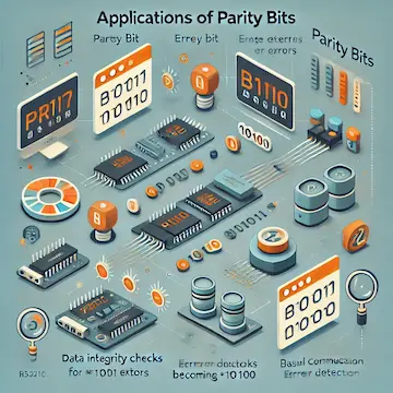 The image illustrates the applications of parity bits in error detection, communication protocols, and data integrity checks.