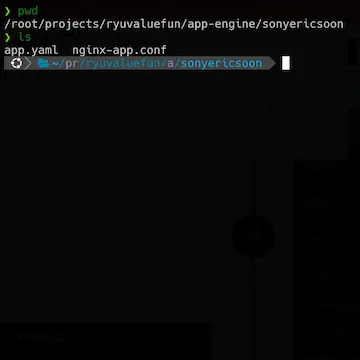 pwdコマンド：現在の作業ディレクトリを表示し、/root/projects/ryuvaluefun/app-engine/sonyericsoonが出力されています。  lsコマンド：現在のディレクトリの内容を表示し、app.yamlとnginx-app.confの2つのファイルがリストされています。