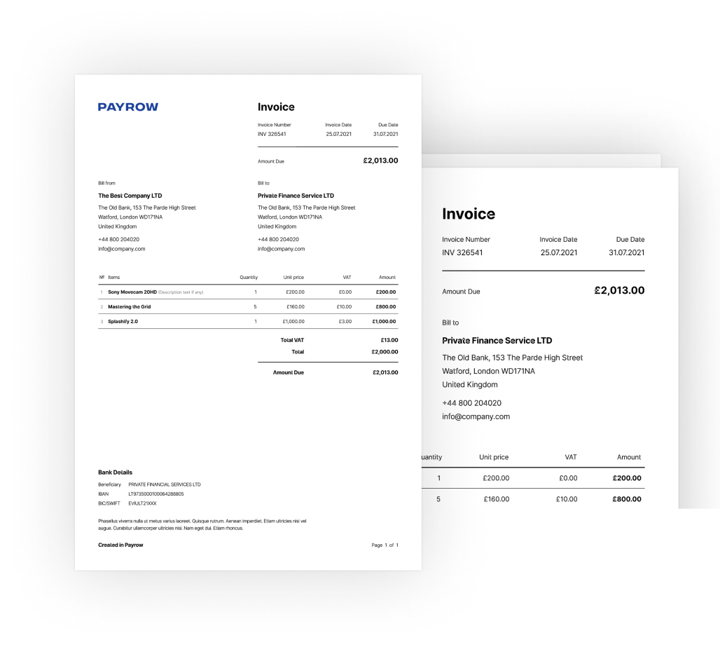 example of invoices by payrow