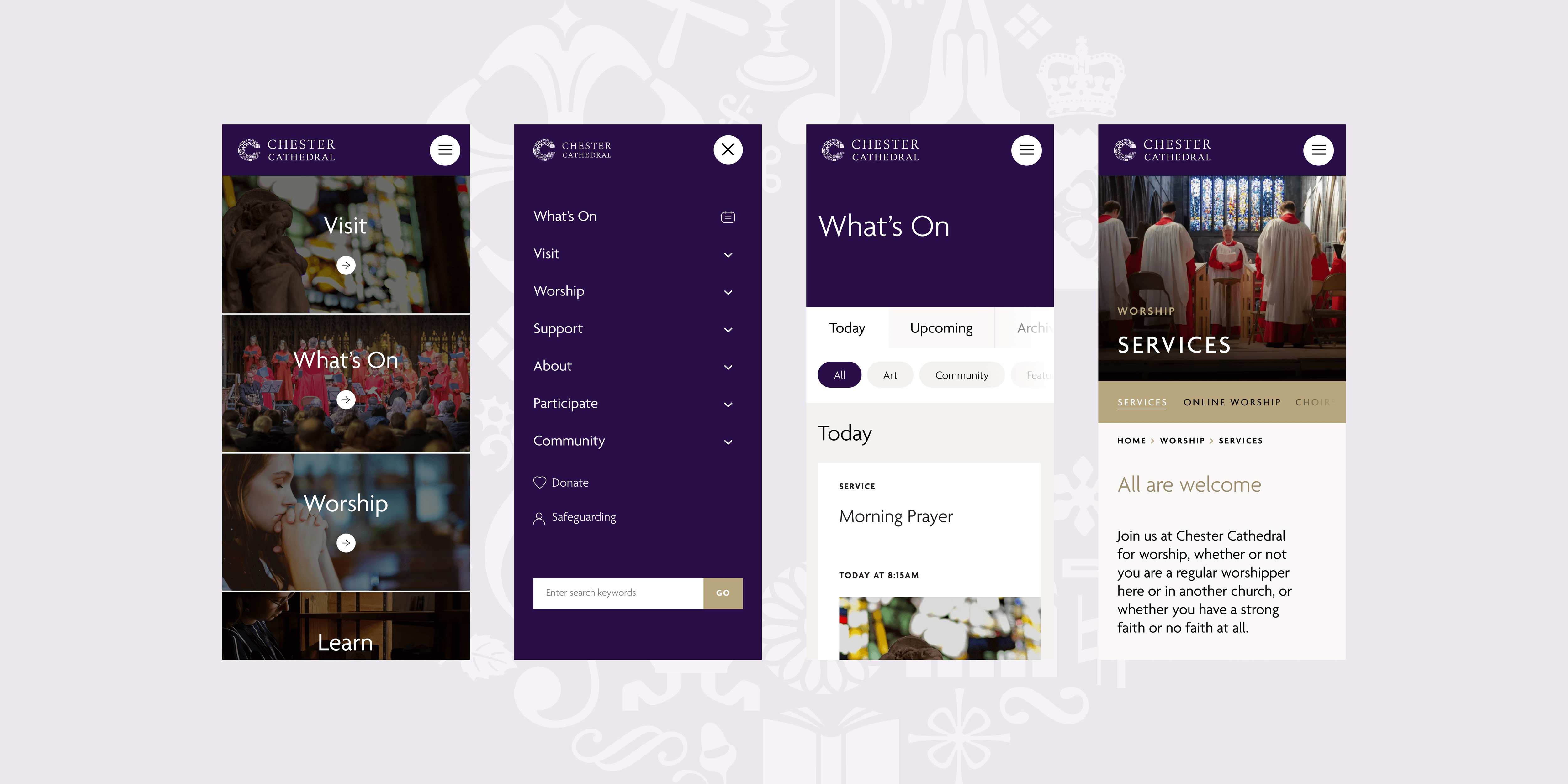 Visual layouts of mobile designs for Chester Cathedral website