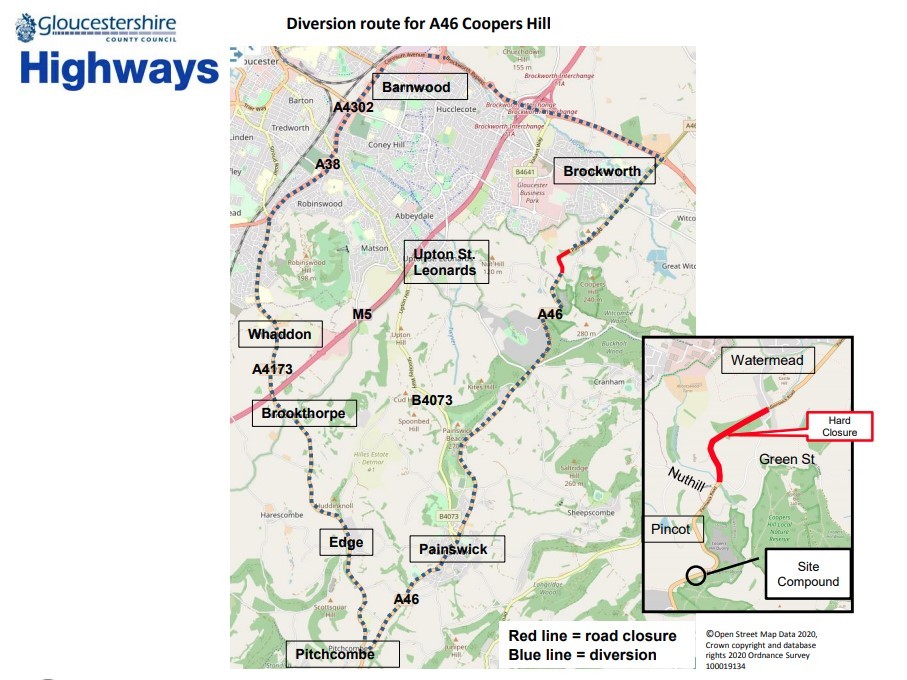 A section of the A46, which connects Stroud to Gloucester, is to be closed until 23 April, so the road can be strengthened against subsidence. A46 Diversion map | £1.2 million investment to repair damaged landslip