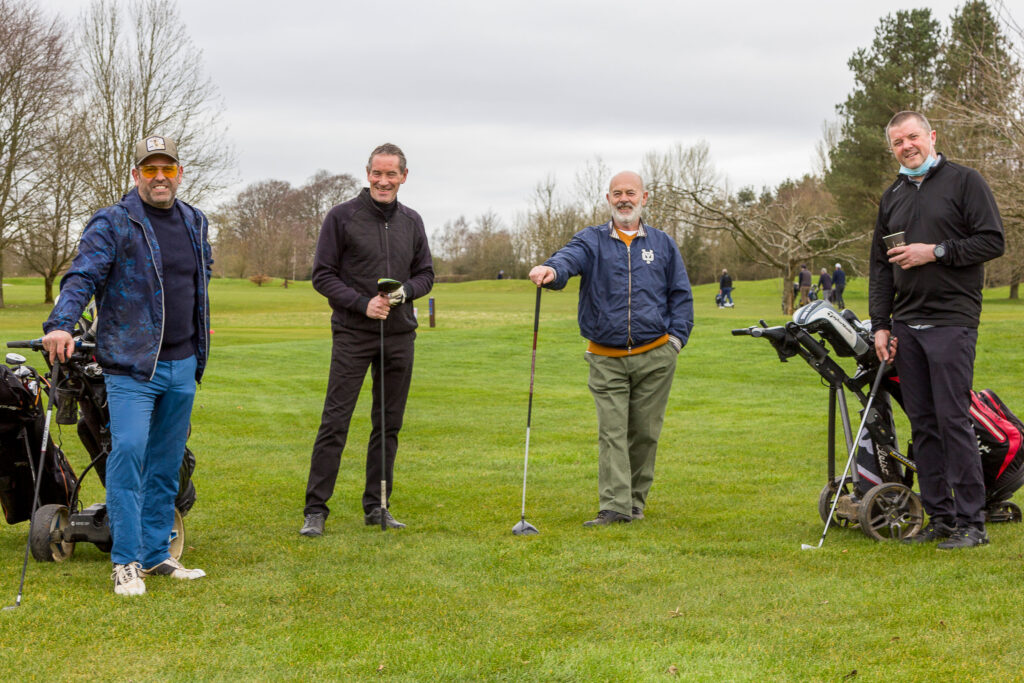 Actors Keith Allen and Patrick Baladi joined golfers at Minchinhampton New Course as outside sport stepped out of lockdown. Patrick Baladi, Piers Riseley-Prichard, Keith Allen and Steve Ryder at the first tee. Picture: Carl Hewlett
