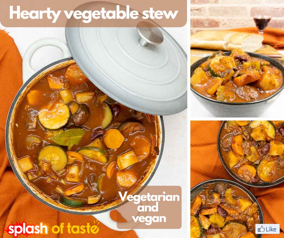 Our vegan and vegetable stew is full of tasty chunks of hearty vegetables, the perfect comfort food on a cold, rainy day. a vegetarian stew | Splash of Taste: try a vegan stew