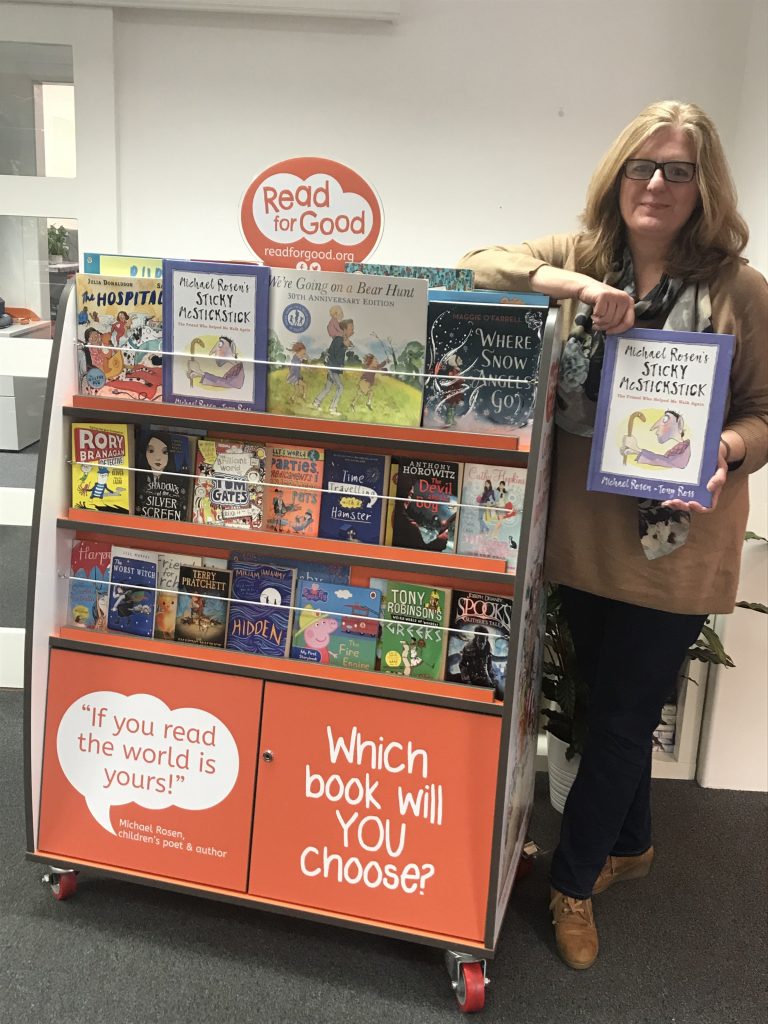 From boy wizards to bear hunts, a Nailsworth-based charity bringing the much-needed power of stories to children in hospitals and schools across the UK went into overdrive this week: featuring on Radio 2 as part of this year’s BBC Children in Need appeal and hosting national treasure Michael Rosen at an online event for some 115,000 school children in more than 1,000 schools. Read for Good Chief Exec Justine Daniels with Michael Rosens book and bookcase bearing his quote | Nailsworth charity makes national news with Zoe Ball and Michael Rosen