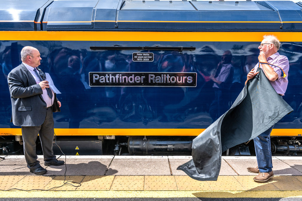 Peter Watts named a GBRf Class 69 No 69006 at Gloucester Railway Station to celebrate his 50th anniversary in the railtour industry. JB 69006GloucesterStation23062023 9402 | On the right track - Pathfinder Railtours operator honoured in naming ceremony