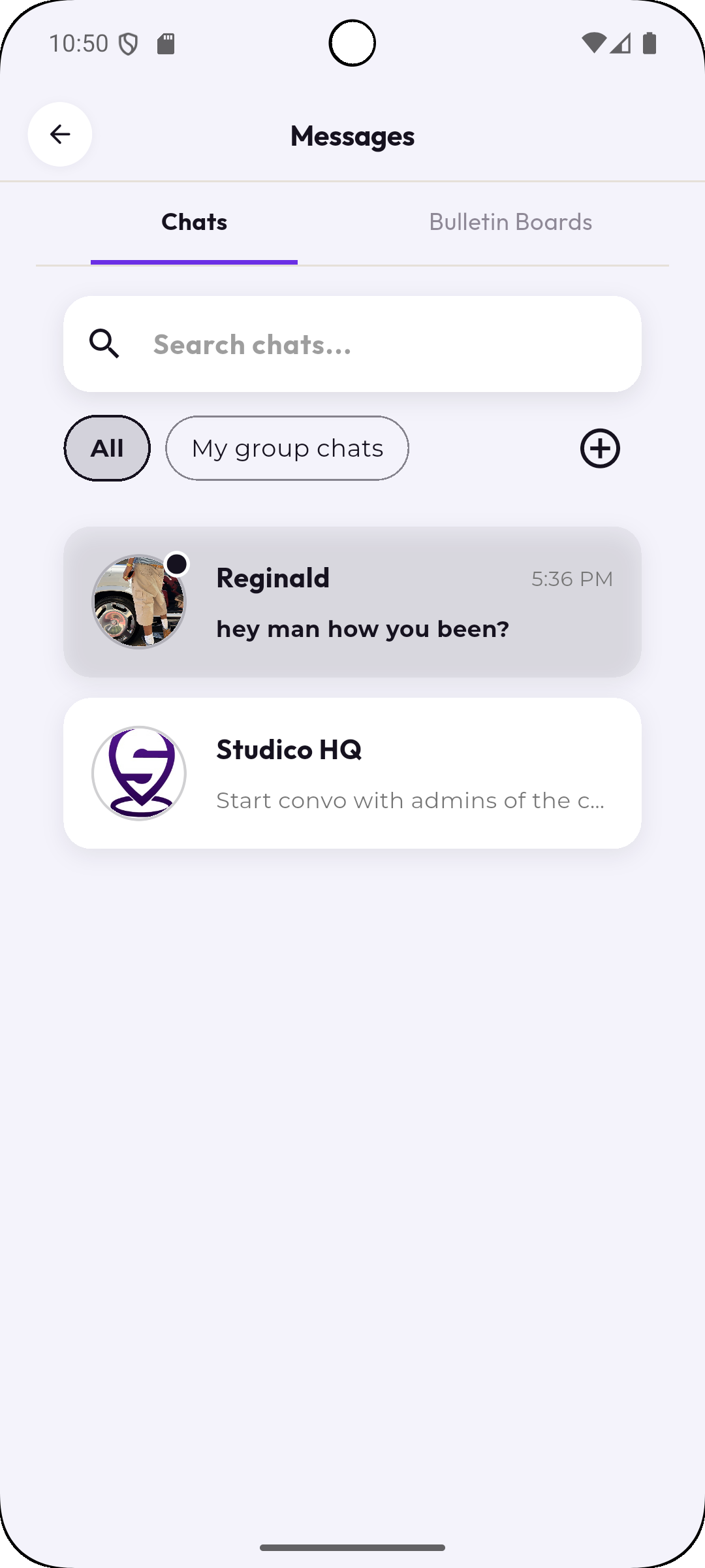 Messages screen with chats and bulletin boards tabs